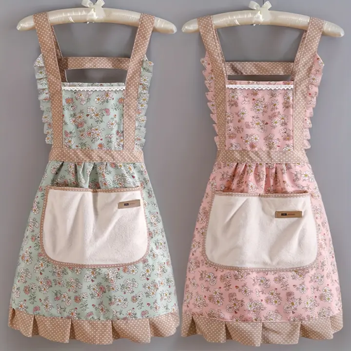 Delantal De Lona Para Mujer 2 Piezas Para Cocina En Casa Transpirable Delantal Adulto Trabajo Floral Material De Algodón - 1