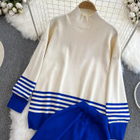 Conjunto De Ropa De Mujer REALEFT Otoño Invierno 2 Piezas Traje De Pista Tejido Con Cuello Alto Rayado Y Pantalones Rectos Polyester Estilo Casual - details 7