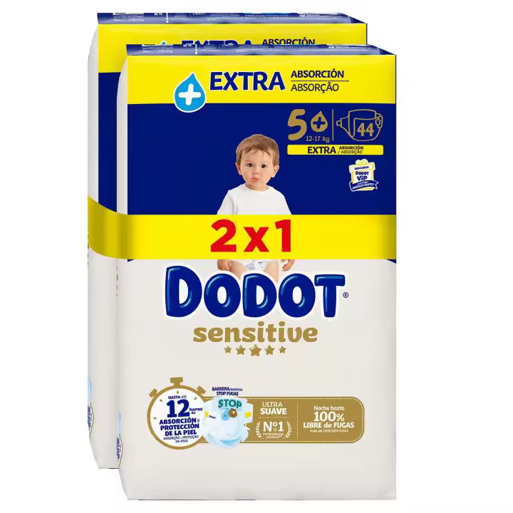 Pañales DODOT Sensitive talla 5+ de 12 a 17 kg - Pack 2x1 - 88 unidades (44x2) - 1