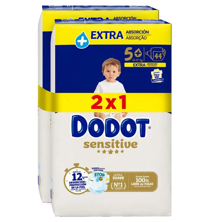 Pañales DODOT Sensitive talla 5+ de 12 a 17 kg - Pack 2x1 - 88 unidades (44x2) - 1