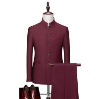 Traje Casual Para Hombre Estilo Zhongshan Con Cuello Erguido Dos Piezas Elegante Y Moderno Conjunto De Traje Y Pantalones Para Bodas Y Ocasiones Elegantes - details 6
