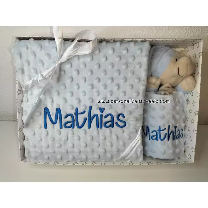 Pack Manta + Osito Doudou muy suave, Color Azul claro para bebé, regalo recién nacido. Manta de 80x110cm - 1