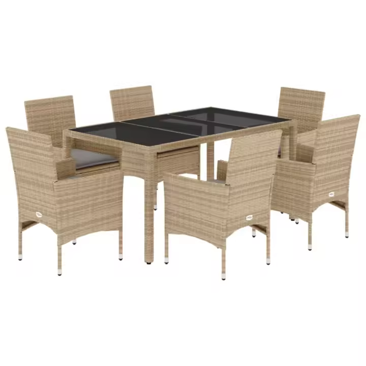 vidaXL Set comedor jardín 7 pzas cojines ratán sintético vidrio beige - 1