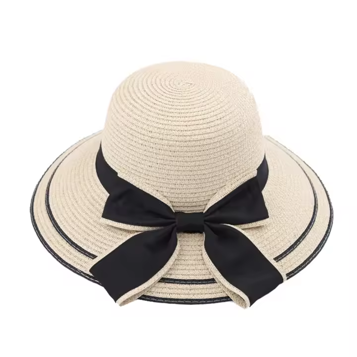 Sombrero De Paja Grande Para Mujer Con Borde Ondulado Y Lazo Protección Solar Plegable Para Vacaciones De Playa Al Aire Libre - 1