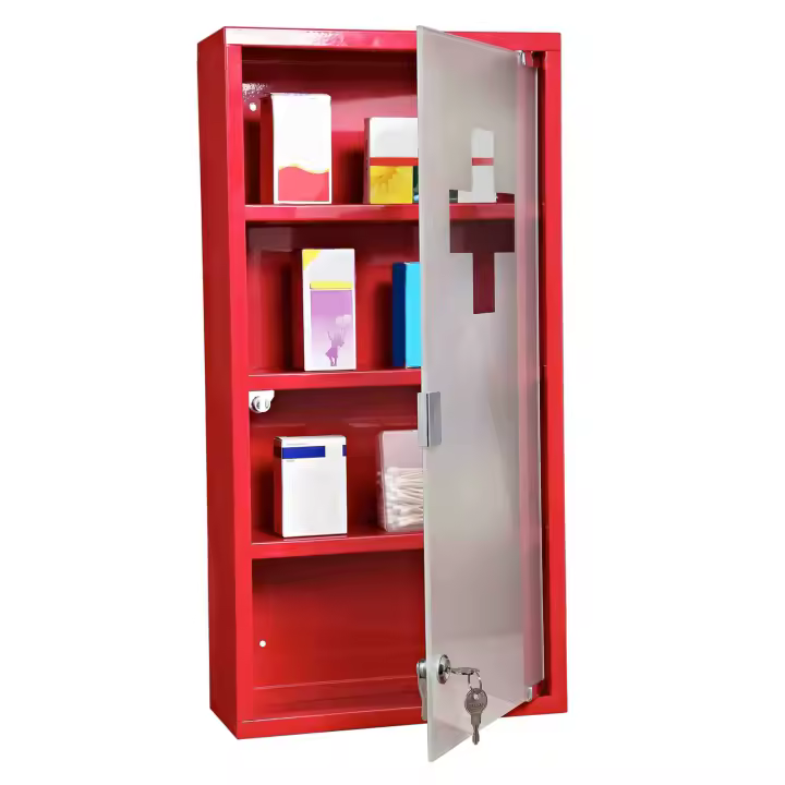 HOMCOM Botiquín Botiquín Botiquín de 3 Niveles Botiquín de Primeros Auxilios con Cerradura Armario de Farmacia con Puerta de Vidrio Esmerilado Acero Rojo 27 x 57 x 12 cm - 1