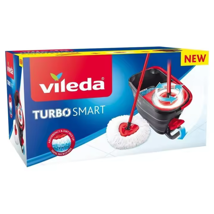 VILEDA Cubo Turbo Smart Set Cubo con pedal palo de 3 piezas y fregona de microfibras triangular o mas 1 extra de recambio, sistema de limpieza que incluye un cubo con pedal, fregona de microfibras triangular diseñada para alcanzar todas las esquinas. - 1