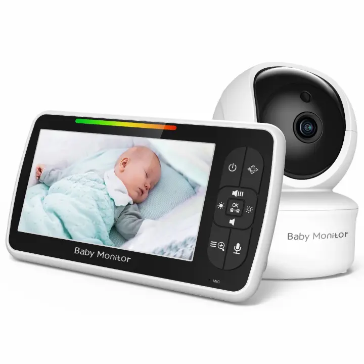 Monitor para bebés, monitor para bebés con video con cámara panorámica y audio, visión nocturna en pantalla ancha, conversación bidireccional, visualización de temperatura, canción de cuna, modo VOX, rango de 960 pies - 1