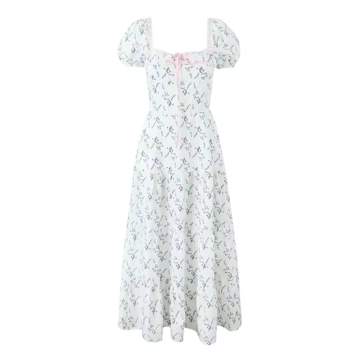 Women French Pastoral Style Floral Print Holiday Long Dress Vintage Puff Sleeve Square Neck A-line Elegant Summer Dresses - 1