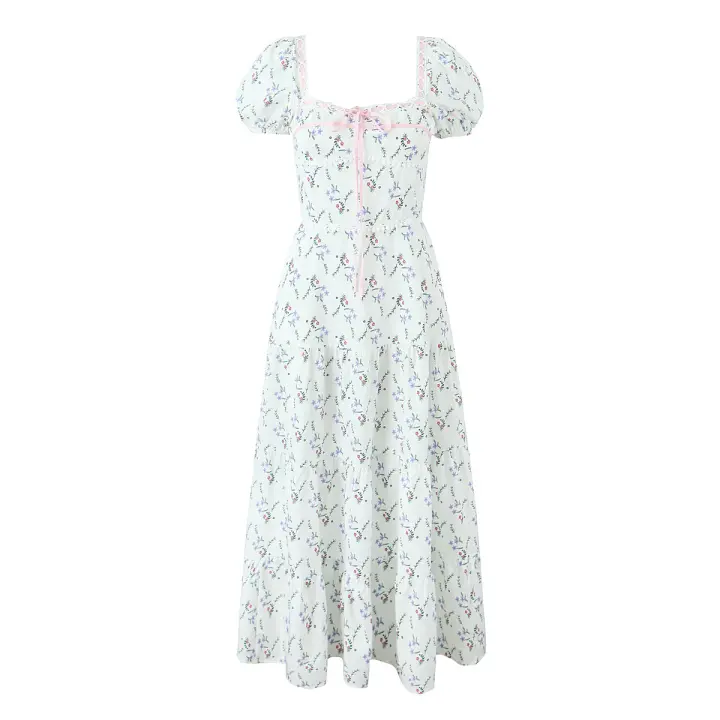Women French Pastoral Style Floral Print Holiday Long Dress Vintage Puff Sleeve Square Neck A-line Elegant Summer Dresses - 1