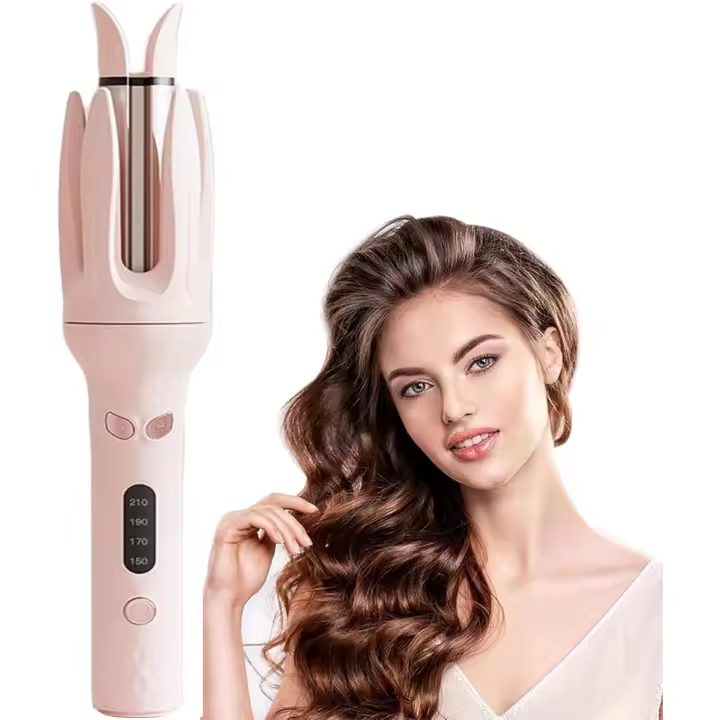Rizador de pelo automático giratorio, rizador de pelo automático de calentamiento rápido con 4 temperaturas ajustables, color rosa - 1