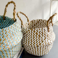 Bolsa De Almacenamiento Bohemia De Paja Con Estampado Rayado Y Florales Hecha a Mano Plegable Para Ropa Jardín Maceta - details 11
