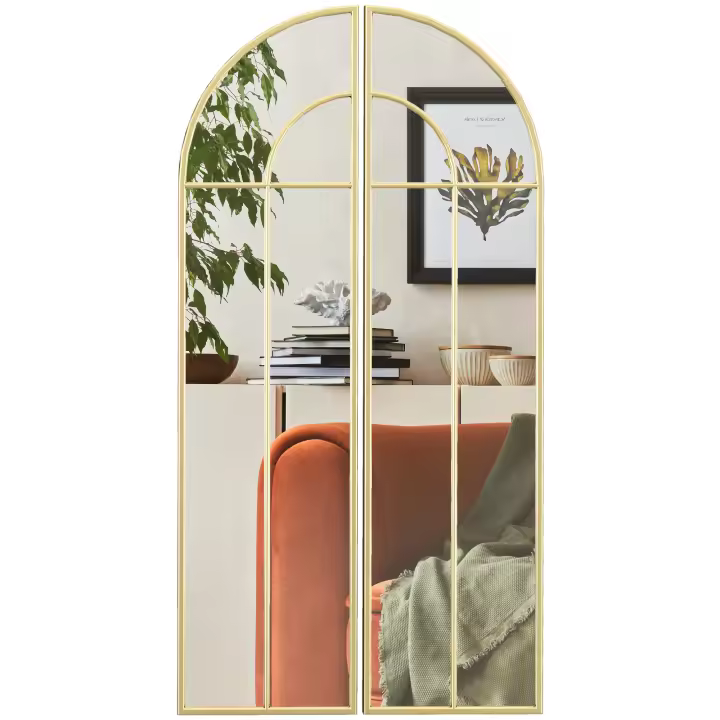 HOMCOM Espejo Decorativo de Pared de 2 Piezas 30x120 cm Espejo de Ventana con Diseño en Arco y Marco de Metal Espejo para Salón Dormitorio Entrada Dorado - 1