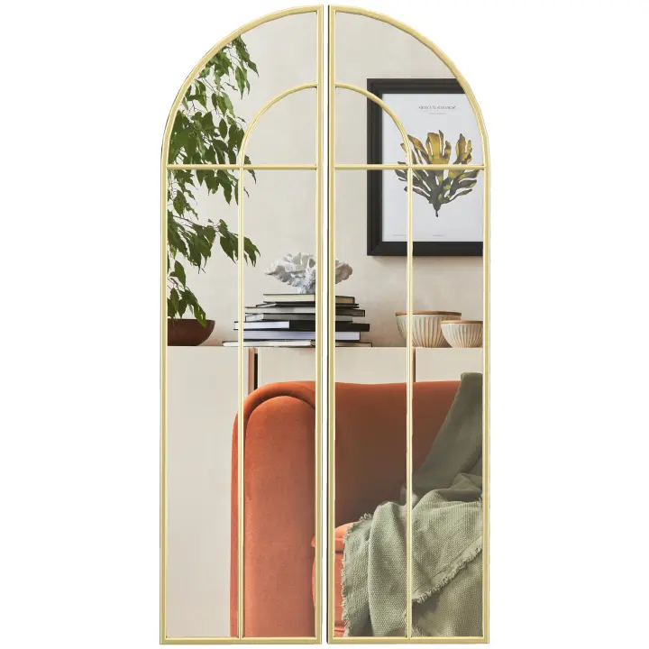 HOMCOM Espejo Decorativo de Pared de 2 Piezas 30x120 cm Espejo de Ventana con Diseño en Arco y Marco de Metal Espejo para Salón Dormitorio Entrada Dorado - 1
