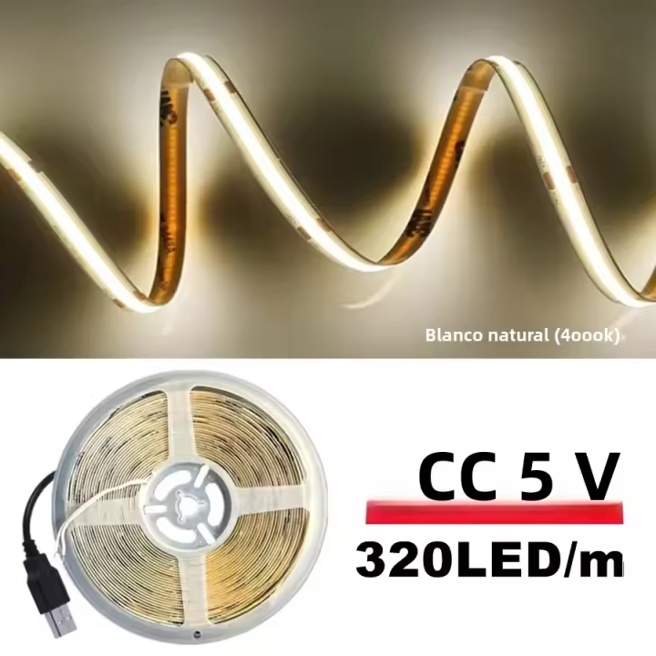 Tira De Luz LED COB DC5V Con Suministro De Energía USB Alta Densidad Flexible 320LED/m 3000K/4500K/6500K Para Iluminación De Sala De Estar - 1