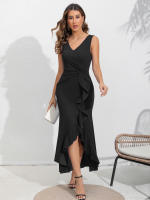 Vestido Formal De Noche Para Mujer Largo Negro Vestido De Boda Para Invitadas Y Novia Sin Mangas Cuello En V Plegado Alineado - details 3