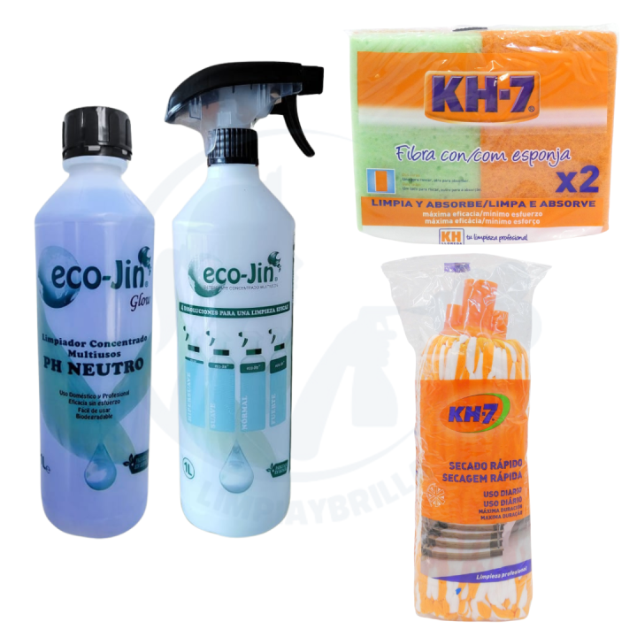 Ecojin Glow pH Neutro + Estropajo Fibra con Esponja KH7 y Fregona Microfibra Secado Rápido KH7 – Quitamanchas Multiusos para Todas las Superficies. Producto Original de Laboncler, Limpia y Brilla con Eficiencia
