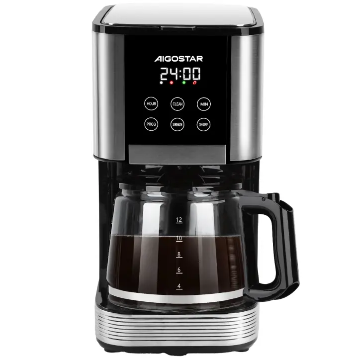 Aigostar Cora - Cafetera de Goteo con Temporizador Programable 24H, 1000W, 1.5L(12 Tazas), Pantalla LCD, Filtro Reutilizable, Auto Apagado, Función Mantener Caliente. Función Auto Limpieza - 1