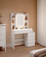 Tocador moderno con luces led ajustables, mesa de maquillaje con espejo, color blanco, compartimentos abiertos y estantes ajustables - details 1