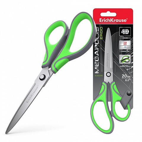 EricchKrause Megapolis Ergo 20 cm Tijeras Ergonómicas con Cuchillas 4D Avanzadas Permiten Cortar Documentos de Gran Volumen, Puntiagudas, Resistente a la Corrosión, Mangos Antideslizantes, Material Escolar, Oficina. Vuelta al Cole. Recambio Repuesto
