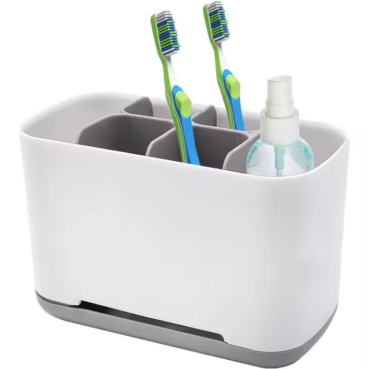 Portacepillos de dientes - Vaso extraíble con orificio de drenaje - 4 compartimentos para cepillos de dientes + 2 compartimentos para pasta de dientes - Base - 1