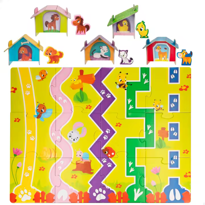 Puzzle interactivo Montessori Lisciani con animales de granja de madera y casitas de cartón para guardarlos, 27 piezas - 1