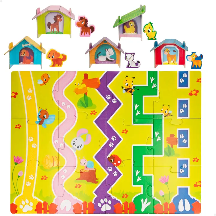 Puzzle interactivo Montessori Lisciani con animales de granja de madera y casitas de cartón para guardarlos, 27 piezas - 1