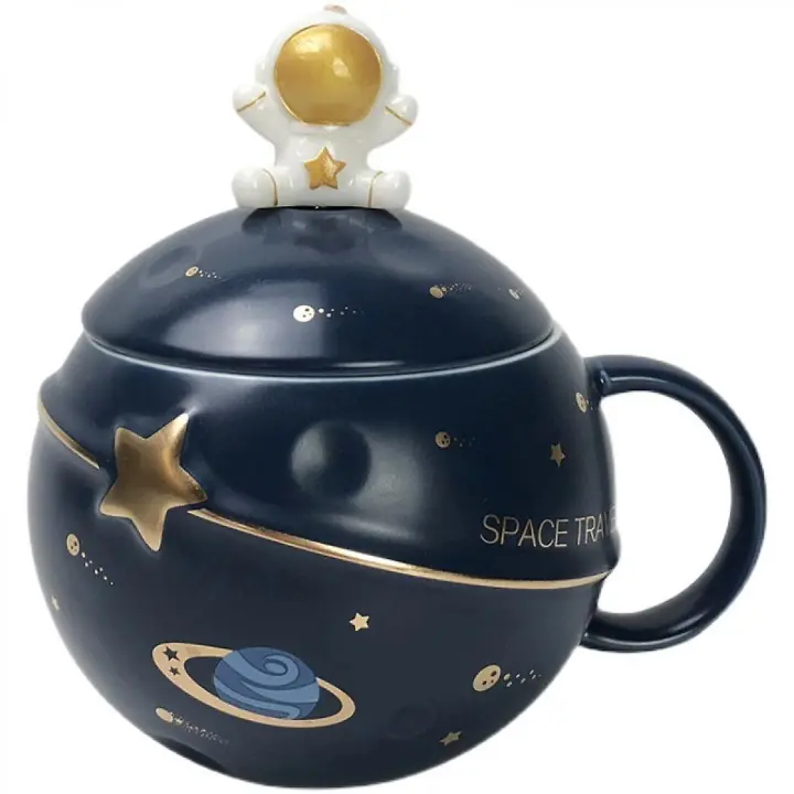 SSRGV Astronaut Cup Space Embossed Planet Mug, Cute Ceramic Coffee Mug, Novelty Mug with Lid and Spoon for Coffee, Tea, Milk(Dark blue) - 1