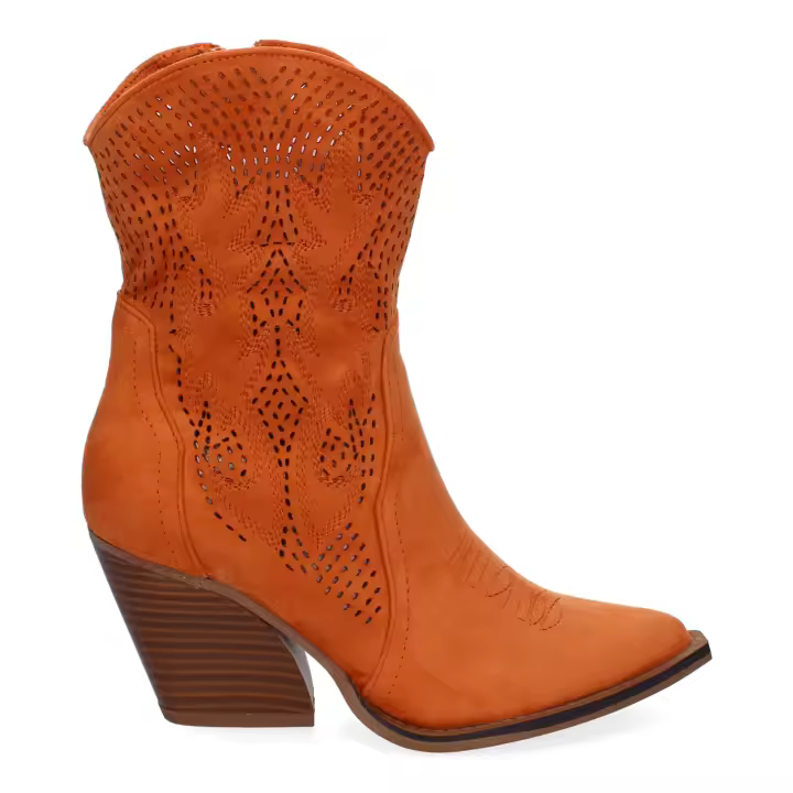 PuntoSalao Botines de tacón campero estilo cawboy comodos para mujer color naranja A-5004 - Botín Campero con Tacón  Cómodos  Diseño Calado con Bordado en Caña y Empeine y Cierre de Cremallera. - 1