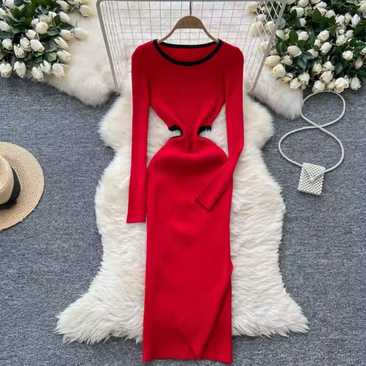Vestido De Punto Para Mujer REALEFT Otoño Invierno Con Abertura Lateral Y Cuello Redondo Manga Larga Solido Vestido Recto De Oficina - 1