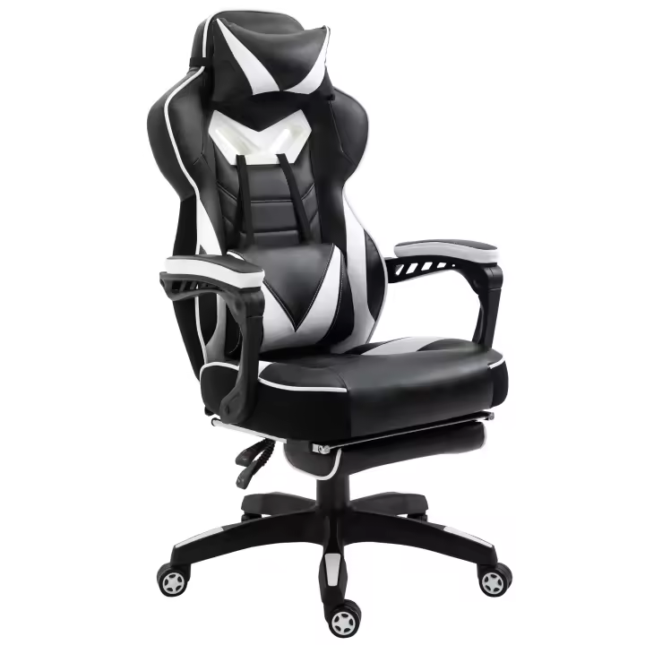 Vinsetto Silla Gaming Ergonómica Silla de Escritorio de Oficina Regulable en Altura Reclinable Respaldo con Reposapiés Reposacabezas Cojín Lumbar Ruedas 65x70x118,5-128,5 cm - 1