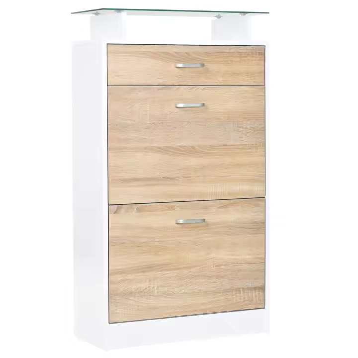 HOMCOM Mueble Zapatero Armario Zapatero con 3 Cajones Estante de Vidrio y Asa de Aluminio para Pasillo Entrada Carga 50 kg 60x24x105,5 cm Natural - 1