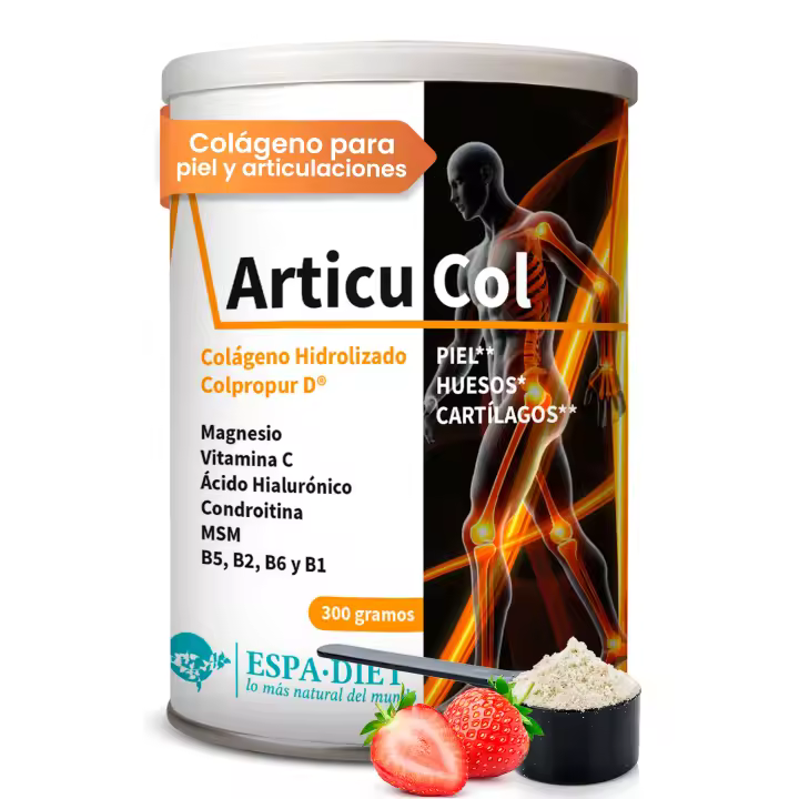 ArticuCol - Colágeno marino hidrolizado con Condroitina, Magnesio, MSM, Vitamina C, Vitaminas B1 B2 B5 y B6, Hialuronato sódico - Articulaciones Fuertes y Piel Sana - Bote de 300g Espadiet - 1