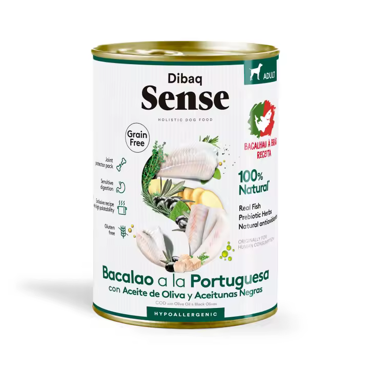 Dibaq Sense Dog, comida húmeda bacalao a la portuguesa, sin cereales, pack 3 uds x 380 gr - 1