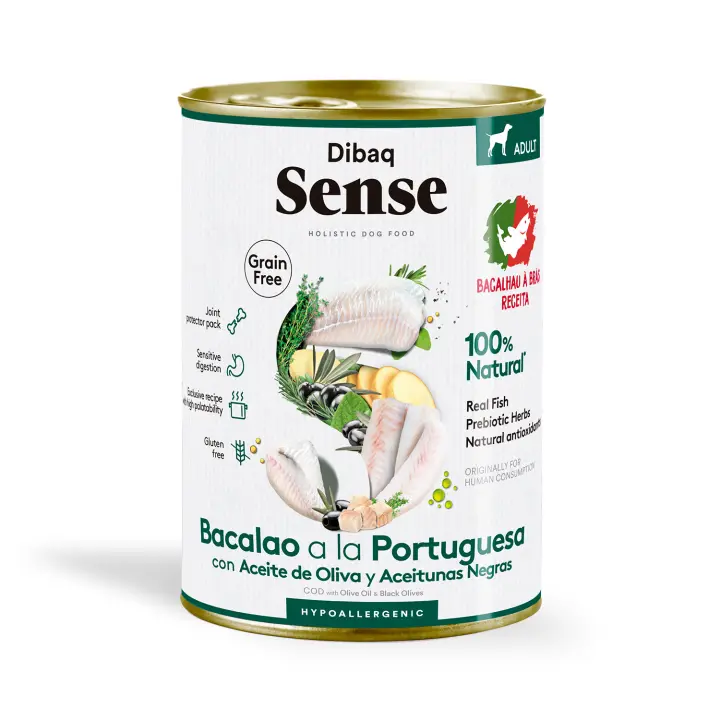 Dibaq Sense Dog, comida húmeda bacalao a la portuguesa, sin cereales, pack 3 uds x 380 gr - 1
