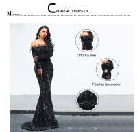 Vestido Elegante De Noche Para Mujer Missord Con Hombros Descubiertos Y Plumas Negro Con Lentejuelas Traje De Baño Fiesta Bodas Silueta De Sirena Ajustado - details 3