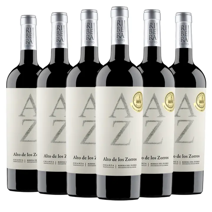 ARTE SABOR Caja de 6 botellas de vino Alto de los Zorros Crianza, Ribera del Duero, crianza de 13 meses en barrica de roble francés y americano. Vendimia del 2019. 75cl con 14,5% vol. 7x7x32 Cm. - 1