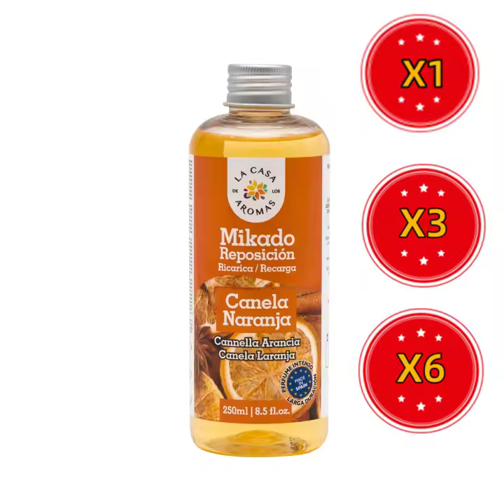 Ambientadores Mikado Repo Aromatizante en Varillas - Variedad de Esencias y Tamaños - Canela, Azahar, Canela Naranja, Frutos Rojos, Lavanda, Océano, Cereza, Vainilla, Algodón, Tropical, Citronela - 250ml, 500ml y 1L - 1