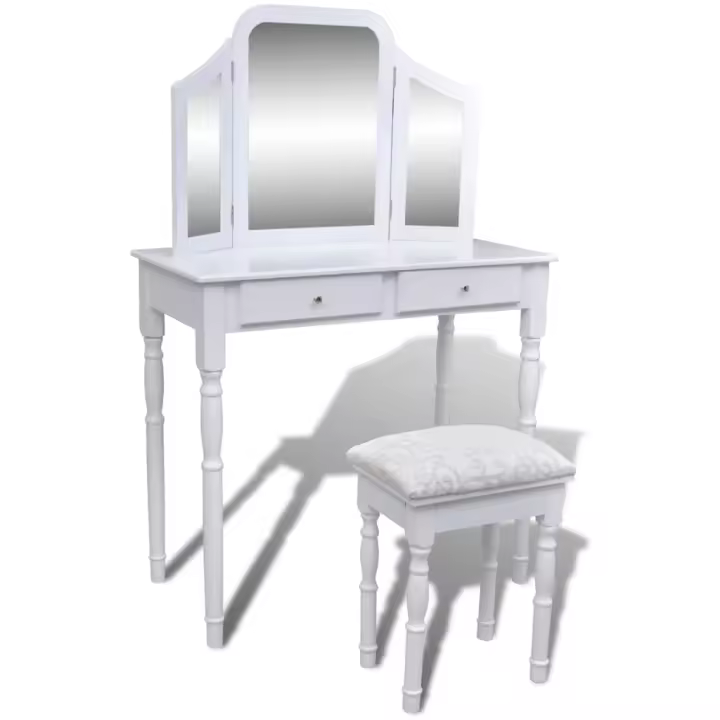 vidaXL Tocador con espejo 3 en 1 taburete y 2 cajones blanco - 1