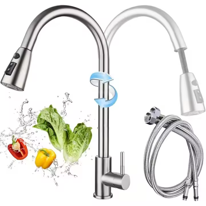 Grifo Cocina EXTRAIBLE de ACERO INOXIDABLE. 3 FUNCIONES; 2 Chorros y Pausa. MOVILIDAD de 360 °. Grifo Extensible Cocina. Plateado - 1