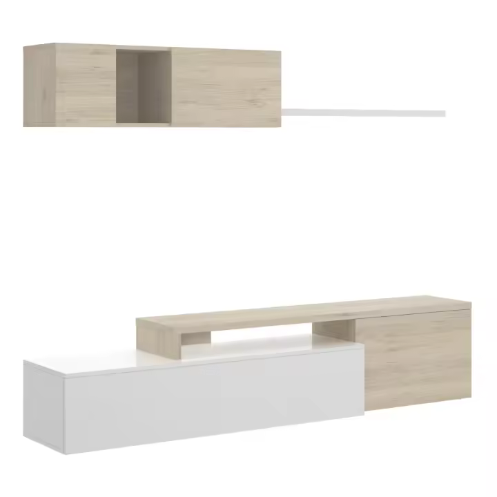 Dekit Mueble Salón TV Compacto Estilo Moderno - ELLE - 180x201x41 - Blanco Brillo / Natural - 1