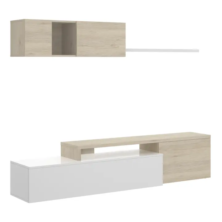 Dekit Mueble Salón TV Compacto Estilo Moderno - ELLE - 180x201x41 - Blanco Brillo / Natural - 1