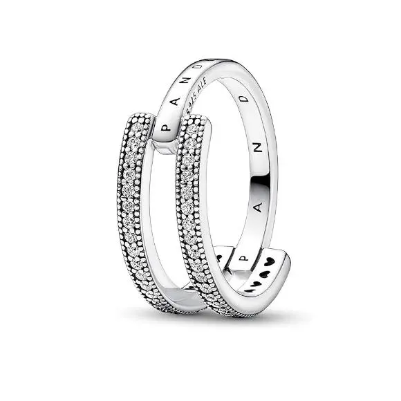 Anillo Doble con El logo pavé de PANDORA, en Plata de Lei con ciritas cúbidas transparentes. Incluye Caja de Joint original. (Por favor, confirma la talla de tu mano antes de realizar el pedido). - 1