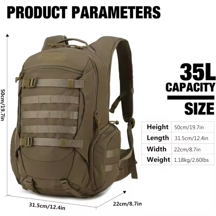 Mochila táctica de senderismo y rutas de montaña de 35 litros , para excursiones de montañismo con sistema molle, EDC, con ajustes de pecho y cintura, unisex, versátil y impermeable muy confortable de llevar en tus aventuras - 1