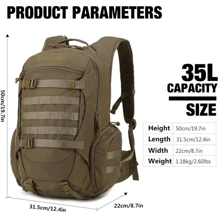 Mochila táctica de senderismo y rutas de montaña de 35 litros , para excursiones de montañismo con sistema molle, EDC, con ajustes de pecho y cintura, unisex, versátil y impermeable muy confortable de llevar en tus aventuras - 1