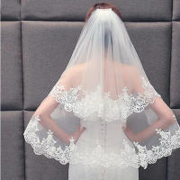 Velo De Novia Doble Capa Con Encaje Y Recogido De Metal Hermoso Accesorio De Boda Corto Para Mujer Vestimenta De Novia - details 0