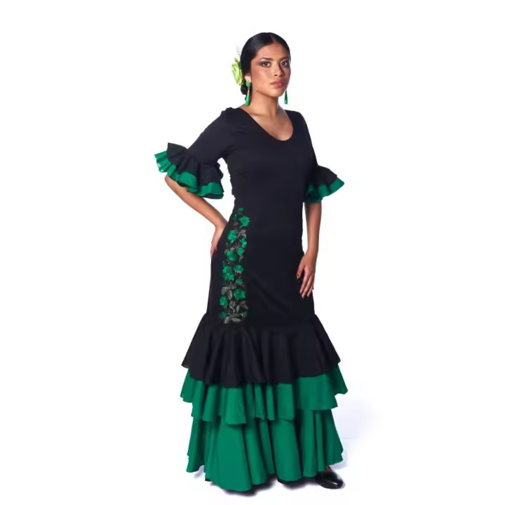 ANUKA Vestido Flamenco Negro con Flores Laterales y 3 Volantes - 1