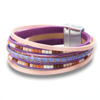 Pulsera De Cuero Genuino De Moda Con Hebillas Tejidas Y Cuentas Bohemias Para Mujer Y Adolescentes Cierre Magnético Hecho a Mano - details 4