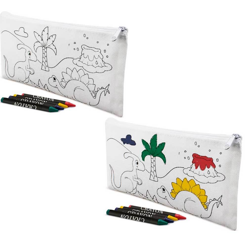 Estuches infantiles con  dibujos de dinosaurios, cada mochila incluye  5 ceras de colores para colorear. Regalo para dar a los niños y niñas en fiestas de cumpleaños, colegios, guarderías, Bodas, Bautizos, Comuniones y eventos infantiles.