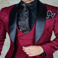 Traje De Novia Para Hombre Diseños Últimos Rojo/Triángulo Slim Fit 3 Piezas Chaqueta Con Borla Traje De Boda Para Celebraciones Y Baile De Promesa - details 1