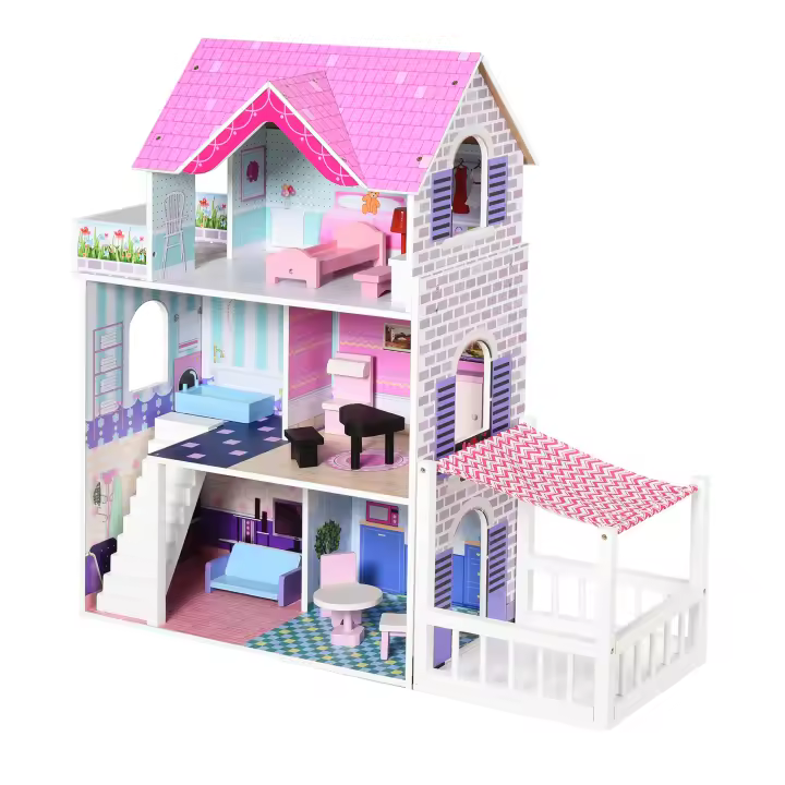 HOMCOM Casa de Muñecas de 3 Pisos con Patio 86x30x87 cm Muebles Accesorios Completos Diseño Lindo Casita Muñecas de Juguete Madera Rosa - 1